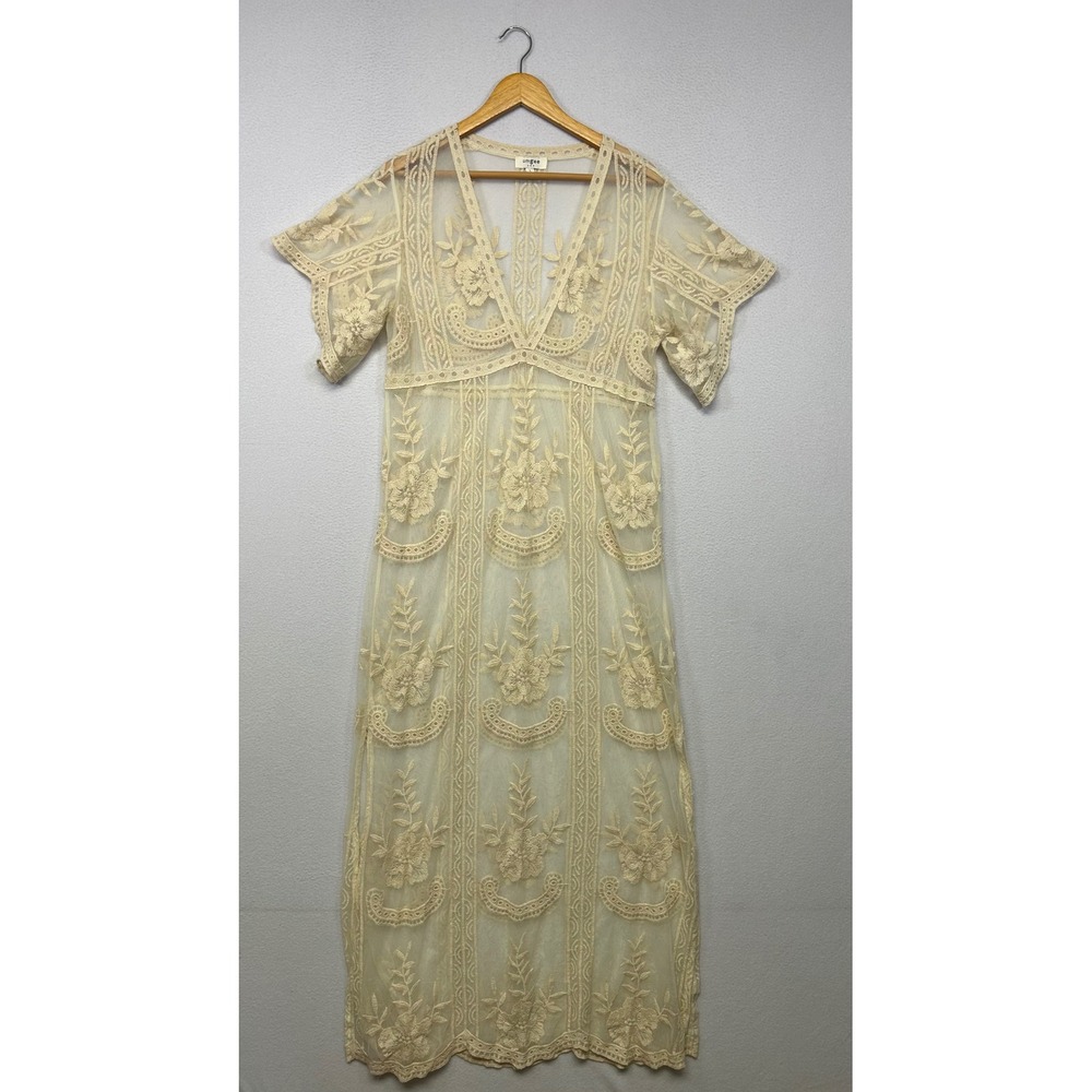 Boho Cottagecore Umgee Womens Large Cream Floral Lace Sheer Mesh Maxi Dress